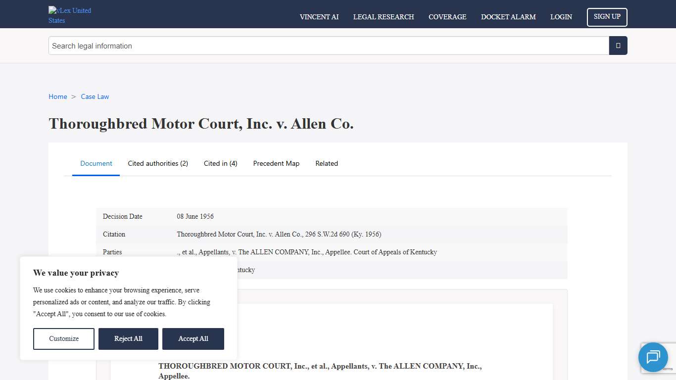 Thoroughbred Motor Court, Inc. v. Allen Co. (Thoroughbred Motor Court, Inc. v. Allen Co., 296 S.W.2d 690 (Ky. 1956)) - vLex United States